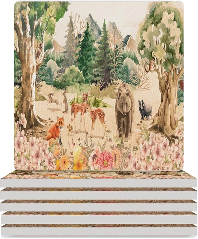 Forest Drink Coasters, Square Ceramic Drink Coaster 6PCS, Retro Mountain Forest Nature Tree Woodland Flower Animal Bear, Deer Decor Absorbent Ceramic Coasters for Beverage Cup, Bar, Coffee Table