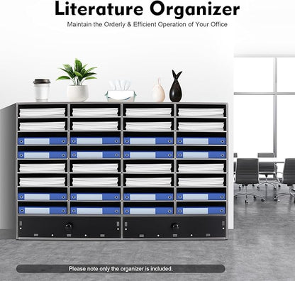 Literature Organizer with 32 Compartments | Adjustable Desktop File Sorter Mail Center for Home, Office & Classroom | PVC Paper Storage Cabinet with 2 Drawers and Shelves, Black