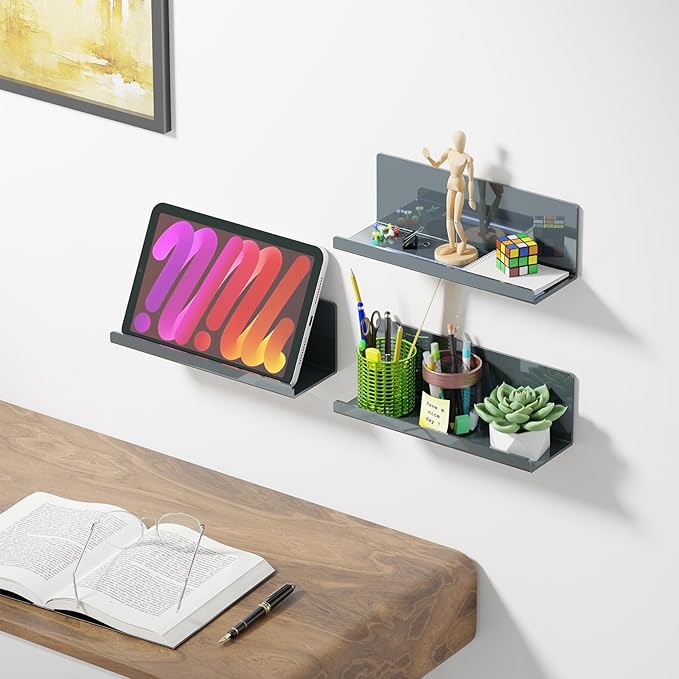 PAVSTINE Adhesive Floating Shelves for Wall No Drilling, 12 Inch Acrylic Self Adhesive Shelves, Stick on Shelves, Dorm Wall Shelf, for Bathroom, Kitchen, Bedroom, Office, Gaming Room, Gray