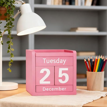 Pink Desk Calendar Wooden Block Perpetual Calendar Cute Pink Office Desktop Accessories for Women Room Bedroom Girls Birthday Party Gift Christmas Home Decor