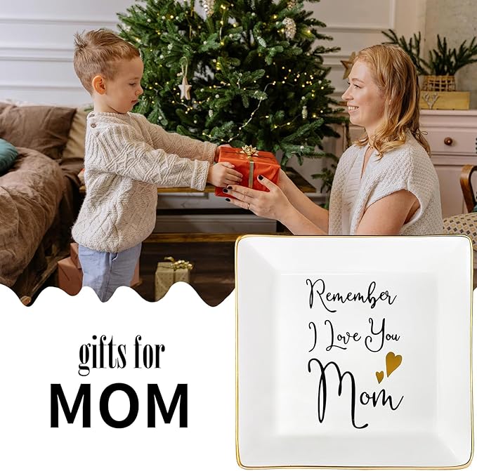 Mom Gifts from Sister Mothers Day Gifts Birthday Gifts for Mum Christmas Thanksgiving Gift Female Small Unique Trinket Tray Ceramic Jewelry Dish Ring Holder,Remember I Love You Mom