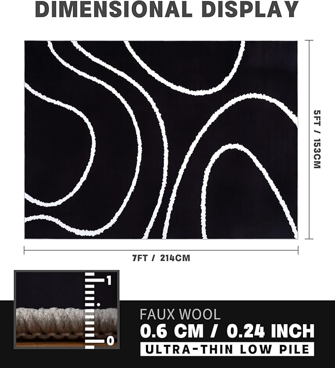 YIHOUSE Black Modern Area Rug 5x7,Abstract Rugs for Bedroom,Black and White Geometric Rug,Minimalist Wave Rug,Dark Washable Area Rugs 5x7 Non Slip Throw Rugs for Bedroom，Office