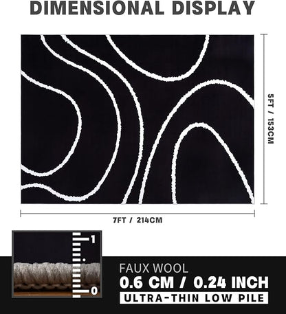YIHOUSE Black Modern Area Rug 5x7,Abstract Rugs for Bedroom,Black and White Geometric Rug,Minimalist Wave Rug,Dark Washable Area Rugs 5x7 Non Slip Throw Rugs for Bedroom，Office