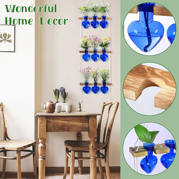 Leinuosen Wall Hanging Plant Propagation Stations 3 Tiered Planter Terrarium with Wooden Stand Home Decor Valentines Gifts for Her Hydroponics Plant Lovers - 9 Glass Vases(Heart Shaped,Blue)
