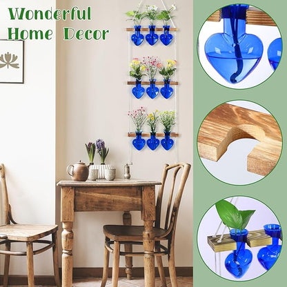 Leinuosen Wall Hanging Plant Propagation Stations 3 Tiered Planter Terrarium with Wooden Stand Home Decor Valentines Gifts for Her Hydroponics Plant Lovers - 9 Glass Vases(Heart Shaped,Blue)