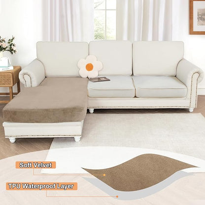 NAISI Waterproof Couch Cushion Covers Thick Velvet Fabric Washable Sofa Slipcovers 1 Piece Individual Sectional Couch Covers with Elastic Bottom(1 PC for Chaise Lounge,Sand)