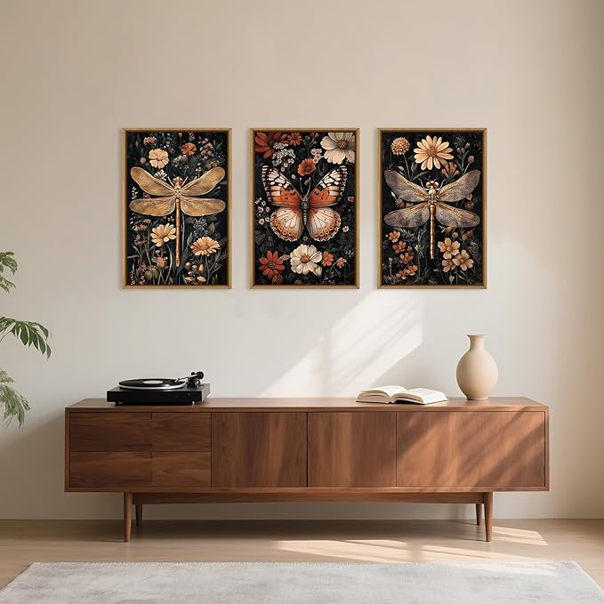 Large Vintage Butterfly and Dragonfly Wall Decor Framed Canvas Wall Art,Retro Dark Animal Floral Wall Decor, Moody Insect Wildflowers Botanical Artwork for Living Room,Bedroom,office-24 x36 x3