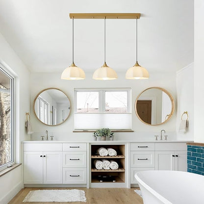 Modern 3 Light Pendant Lighting Gold Linear Dining Room Light Fixture Milk Glass Linear Chandelier Brass and White Pendant Lights Kitchen Island 3 Bulb Hanging Ceiling Light MPL17-3S GD