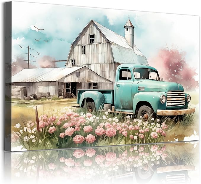 Blue Truck Poster Rustic Landscape Painting Farmhouse Tractor Wall Art Country House Painting Farmhouse Barn Picture Old Tractor Canvas Wall Art Old Barn Poster Blue Farmhouses Picture 16x24in No Frame