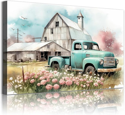 Blue Truck Poster Rustic Landscape Painting Farmhouse Tractor Wall Art Country House Painting Farmhouse Barn Picture Old Tractor Canvas Wall Art Old Barn Poster Blue Farmhouses Picture 16x24in No Frame