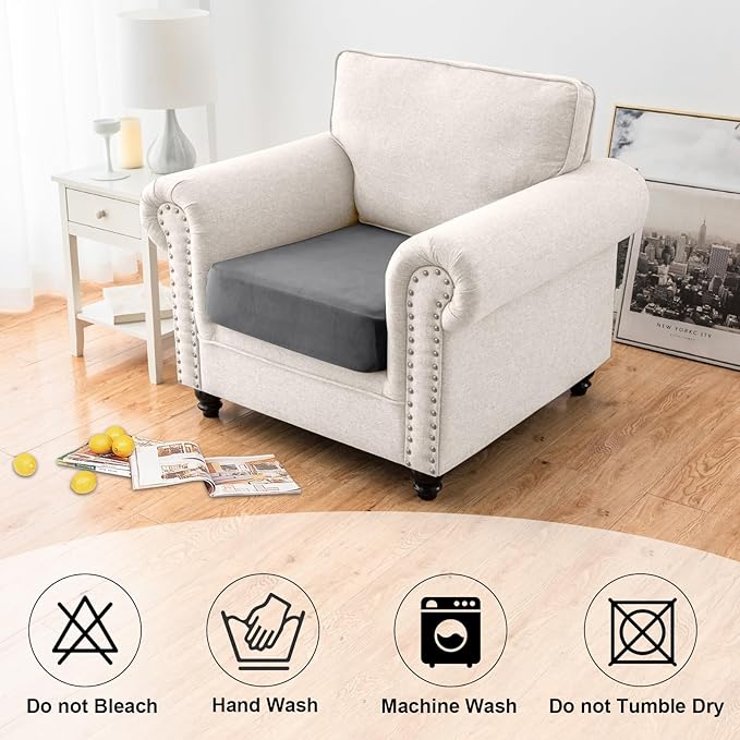 NAISI Waterproof Couch Cushion Covers Thick Velvet Fabric Washable Sofa Slipcovers 1 Piece Individual Sectional Couch Covers with Elastic Bottom(1 PC for Seat Cushion or Backrest,Grey)