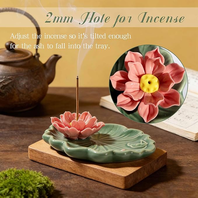 Lotus and Leaf Incense Stick Holder with Hole, Green Porcelain Incense Tray Ash Catcher for Spa, Meditation Room, Yoga, Home, Office, Ash Tray, Jewelry Tray