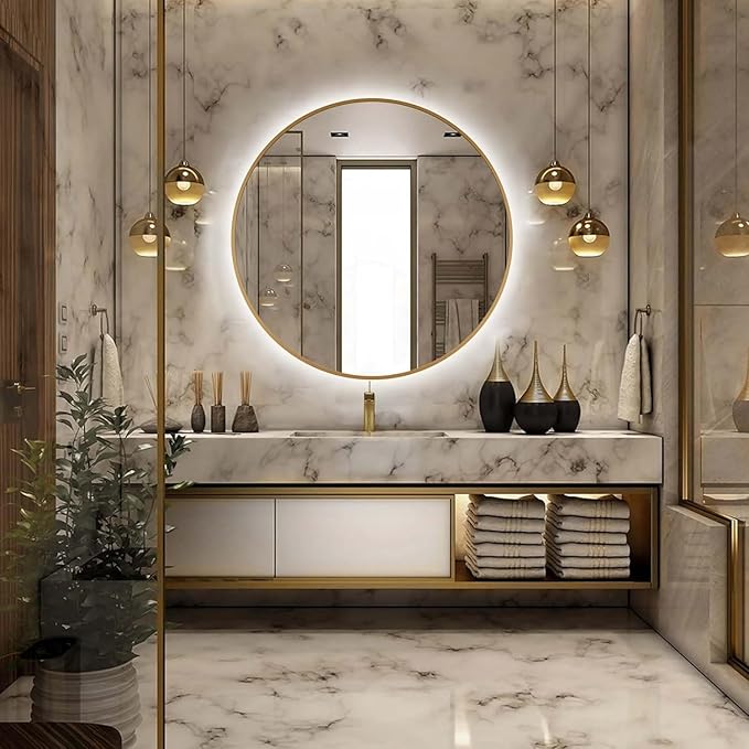 48" Round LED Bathroom Mirror, Wall Mounted Round Backlit Mirror LED Bathroom Vanity Mirror with Lights Fog Free Circle Lighted Mirror with Gold Frame, Smart Light up Mirror 3-Color