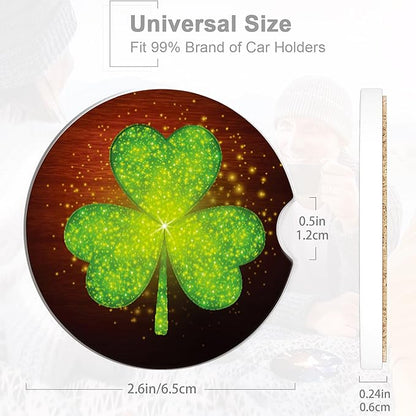 Green Clover Glitter Car Cup Holder Coaster,St. Patrick Day Car Coasters for Cup Holder,2 PCS Absorbent Insert Ceramic Car Assecories with Cork Back & Finger Notch for Women Men