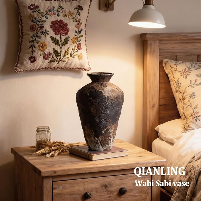 Wabi Sabi Decor Rusty Vintage Vase - 8.7" Tall Rustic Farmhouse Wabi Sabi Vase for Centerpiece, Pottery Stone Flower Vases for Home Decor, Table, Living Room, Bedroom, Bathroom, Kitchen (Smoky Earth)