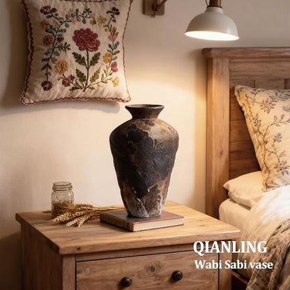 Wabi Sabi Decor Rusty Vintage Vase - 8.7" Tall Rustic Farmhouse Wabi Sabi Vase for Centerpiece, Pottery Stone Flower Vases for Home Decor, Table, Living Room, Bedroom, Bathroom, Kitchen (Smoky Earth)