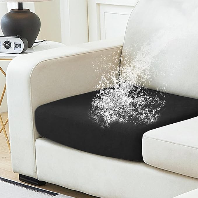 NAISI Waterproof Couch Cushion Covers Thick Velvet Fabric Washable Sofa Slipcovers 1 Piece Individual Sectional Couch Covers with Elastic Bottom(1 PC for Seat Cushion or Backrest,Black)