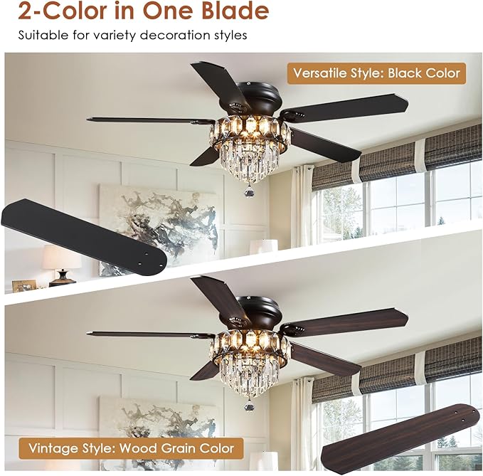 Asyko Crystal Ceiling Fan Fandelier with Lights - 52" Outdoor Fans with Remote Control，Noiseless DC Motor, Retro/Farmhouse Lighting, Dining Room,Living Room