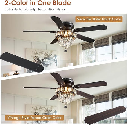 Asyko Crystal Ceiling Fan Fandelier with Lights - 52" Outdoor Fans with Remote Control，Noiseless DC Motor, Retro/Farmhouse Lighting, Dining Room,Living Room