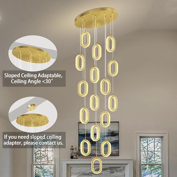 Modern Gold Ring Chandelier for High Ceiling Long Stair Chandeliers for Foyer LED Crystal Ring Drop Chandelier Dimmable 2700K-6000K 16-Light