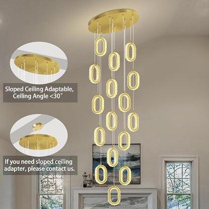 Modern Gold Ring Chandelier for High Ceiling Long Stair Chandeliers for Foyer LED Crystal Ring Drop Chandelier Dimmable 2700K-6000K 16-Light