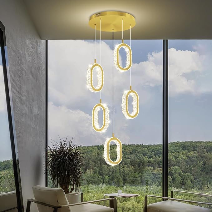 Dimmable 5-Light Oval Ring Chandelier for Dining Room, Gold Ring Pendant Light for Kitchen Island,Hallway, Entryway, Passway, Bedroom, Balcony Living Room