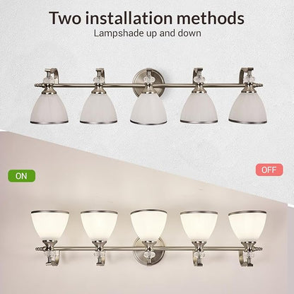 ANDY STAR Bathroom Lighting Fixtures, 5-Light Brushed Nickel Vanity Light with Milky Glass Shade, 35" Large Vanity Lights for Bathroom, E26 Socket, for Mirror, Living Room, Bedroom, Hallway
