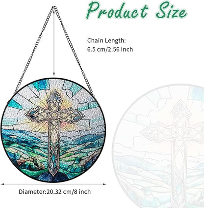 Sun Catcher Stained Glass Window Hanging 8 inch Green Cross Suncatcher Wall Art Home Decor Sun Catchers Decoration for Garden Home Housewarming Gifts