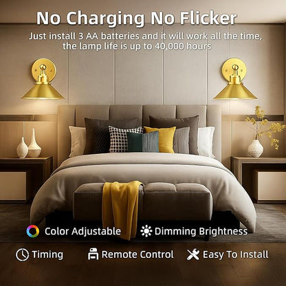 Gold Battery Operated Wall Sconce Set of 2,Vintage Wireless Wall Sconces with Remote,Dimmable Led Wall Lights,Wall Lamp Fixture Indoor Bedroom Living Room Kitchen,LED Bulbs Included