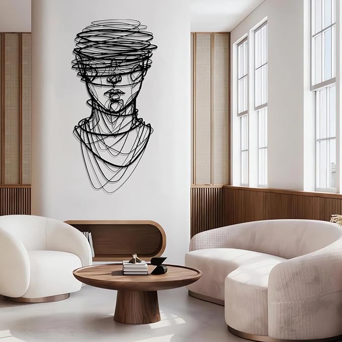 vinwipe Abstract Face Metal Wall Art, Metal Abstract Line Wall Decor, Minimalist Line Wall Hanging, Modern Geometric Wall Art for Bathroom (Silver, 19"x9"/47x23cm)