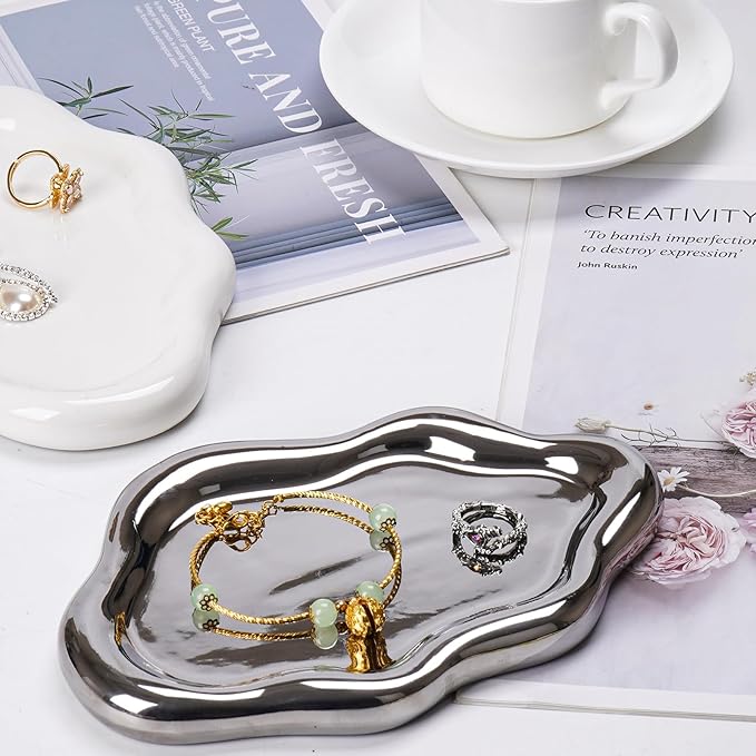 Ceramic Jewelry Tray Dish for Ring Key Trinket, Cute Cloud Shape Decorative Jewelry Plate Holder Room Decor Aesthetic Gift (Silver)
