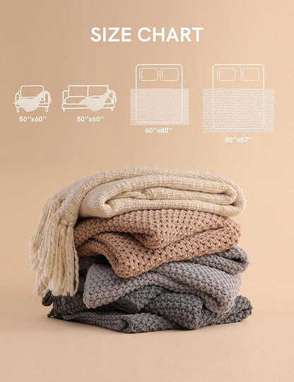 YnM Chunky Cotton Knit Throw Blanket, Cable Knit Throws for Bed Couch Sofa, Comfy & Relaxing, Decorative Piece for Farmhouse Modern Boho Rustic Scandinavian Chic Vibe, Moon Grey 80x87 Inches