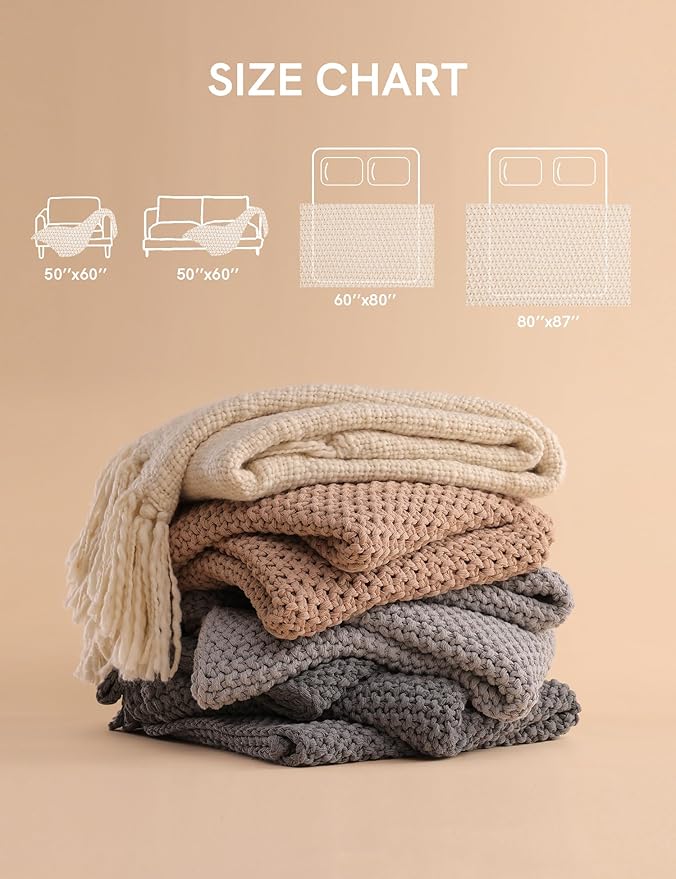 YnM Chunky Cotton Knit Throw Blanket, Cable Knit Throws for Bed Couch Sofa, Comfy & Relaxing, Decorative Piece for Farmhouse Modern Boho Rustic Scandinavian Chic Vibe, Quarry Grey 80x87 Inches