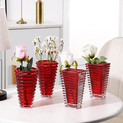 MCMCNCUIU Crystal Flower Vase Set of 4, Glass Vases for Centerpieces, Red Vases for Flowers, Small Vase for Living Room, Bedroom, Kitchen, Office, Wedding