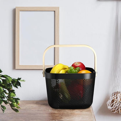 Sadnyy 4 Pcs Plastic Mesh Garden Harvest Basket Storage Basket with Wooden Handle Multi Functional Mesh Bin for Kitchen Cabinet Picnic Fruit Vegetable Gathering Organizer(Large, Small,Black)