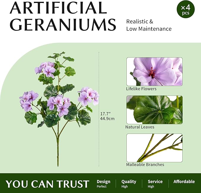 Artificial Flowers for Outdoors Artificial Geraniums for Indoor Fake Flowers 17.7In Uv Resistant Artificial Outdoor Flowers Suitable for Indoor Home Decor Outdoor Garden Decor (4PCS,Purple)