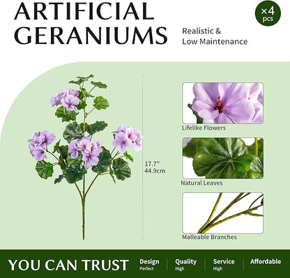 Artificial Flowers for Outdoors Artificial Geraniums for Indoor Fake Flowers 17.7In Uv Resistant Artificial Outdoor Flowers Suitable for Indoor Home Decor Outdoor Garden Decor (4PCS,Purple)