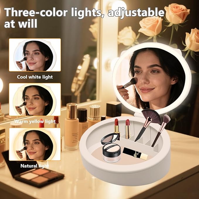 LED Mskeup Mirror with Storage, 4K high-Definition Touch Screen Travel Vanity Mirror with 3 Types of Lights, USB Charging, Magnetic 3-inch 10x Magnifying Glass (Pink)