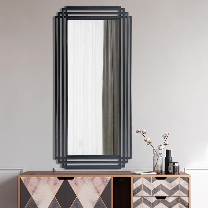 Black Rectangle Mirror, 47"x22" Art Deco Wall Mirrors with Geometric Metal Frame, Modern Elegant Mirror for Living Room Bathroom Bedroom Entryway Hallway, Hangs Vertically or Horizontally