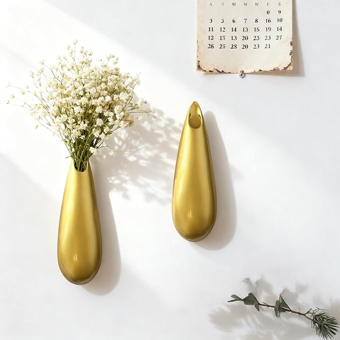 Sculptural Wall Ceramic Vase — 2 Pack Gold Hanging Sconce Vase | Turn Flowers into Art — Decorative Ceramic Wall Sconce for Single Stem Displays