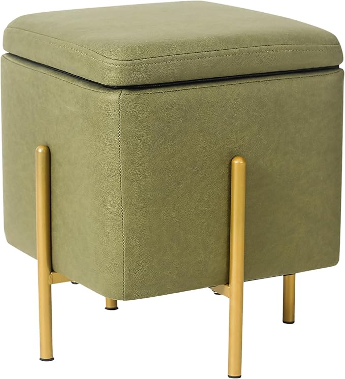 Adeco Upholstered Tufted Square Storage Ottomans, Olive Green Modern Fabric Footrest Ottomans with Storage for Couch Small