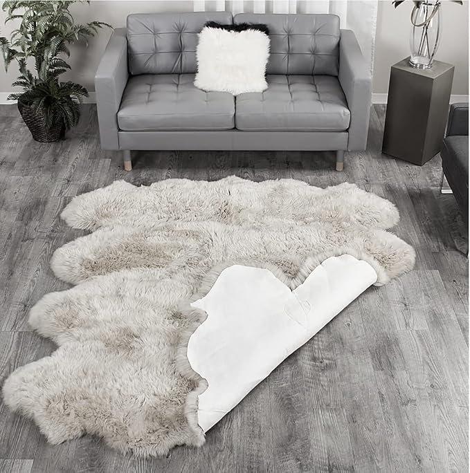 HUAHOO Premium Genuine Sheepskin Rug Real Australia Sheepskin Natural Luxury Fluffy Lambskin Fur Area Rug Seat Covers for Kids Bedroom Sofa Chair Cover Pets Dogs Mat Eight Pelt /6.2' x 7' Linen