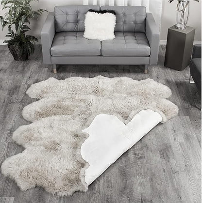 HUAHOO Premium Genuine Sheepskin Rug Real Australia Sheepskin Natural Luxury Fluffy Lambskin Fur Area Rug Seat Covers for Kids Bedroom Sofa Chair Cover Pets Dogs Mat Eight Pelt /6.2' x 7' Linen