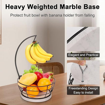 Livabber Countertop Fruit Basket Bowl with Banana Hanger, Modern Standing Fruit Vegetable Bowl Storage, with Banana Tree Holder for Kitchen Dinning Table (Round Marble, Black)
