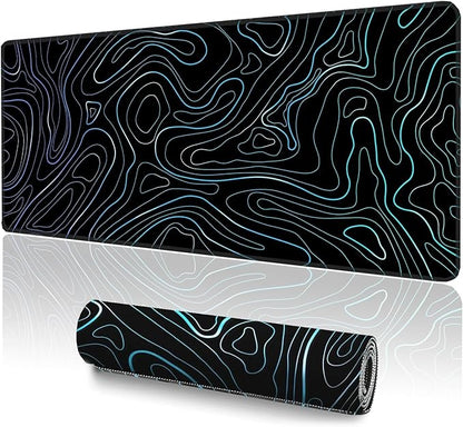 Topographic XXL Mouse Pad (47.2x23.6 Inch), Giant Gaming Desk Mat with Stitched Edges, Waterproof Non-Slip Full Desk Pad, Aesthetic Blue Line Art Decor