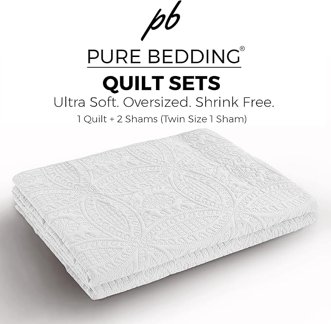 Pure Bedding Quilt Set King/Cal King/California King Size White - Oversized Bedspread - Soft Microfiber Lightweight Coverlet for All Season - 3 Piece Includes 1 Quilt and 2 Shams, Geometric Pattern