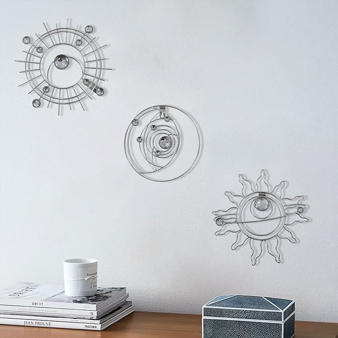 Silver Metal Wall Art, Abstract Sun Moon Star Decor, Modern Line Art Christmas Decorations, Mystical Star Circle Planet Handmade Wall Christmas Decor for Living Room Kitchen Office 9 inch