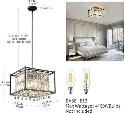 LMQNINE Modern Foyer Chandelier, Black Crystal Chandelier Entryway Pendant Light Fixture, Square Adjustable Height Chandeliers for Kitchen Island, L15.74'' x H9.84''