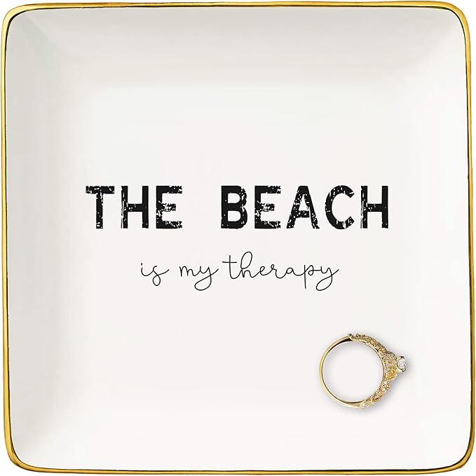 NZY Beach Life Gifts for Woman,Delicate Ceramic Jewelry Tray Gift for Lady,Seaside Lovers Present,Seaside Travel Lovers Present- Trinket Holder Ring Dish-The Beach Is My Therapy