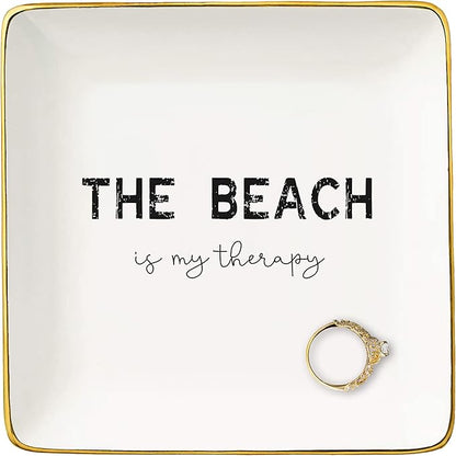 NZY Beach Life Gifts for Woman,Delicate Ceramic Jewelry Tray Gift for Lady,Seaside Lovers Present,Seaside Travel Lovers Present- Trinket Holder Ring Dish-The Beach Is My Therapy